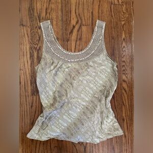 Vintage Y2k Old Navy 100% Silk Printed Beaded
Embellished Metallic Gold Tank Top